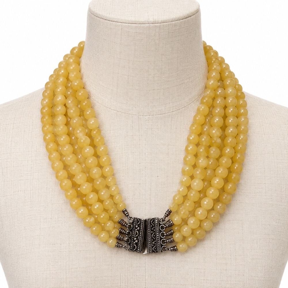 Vintage Yellow Stone Multi Strand Necklace Sterling Silver 925 Ornate Clasp